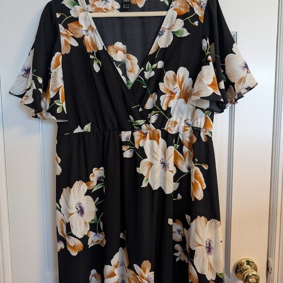 Shein Black Floral Wrap Maxi Dress — Flutter Sleeves, Deep V-Neck, Size 2XL - Picture 3 of 11